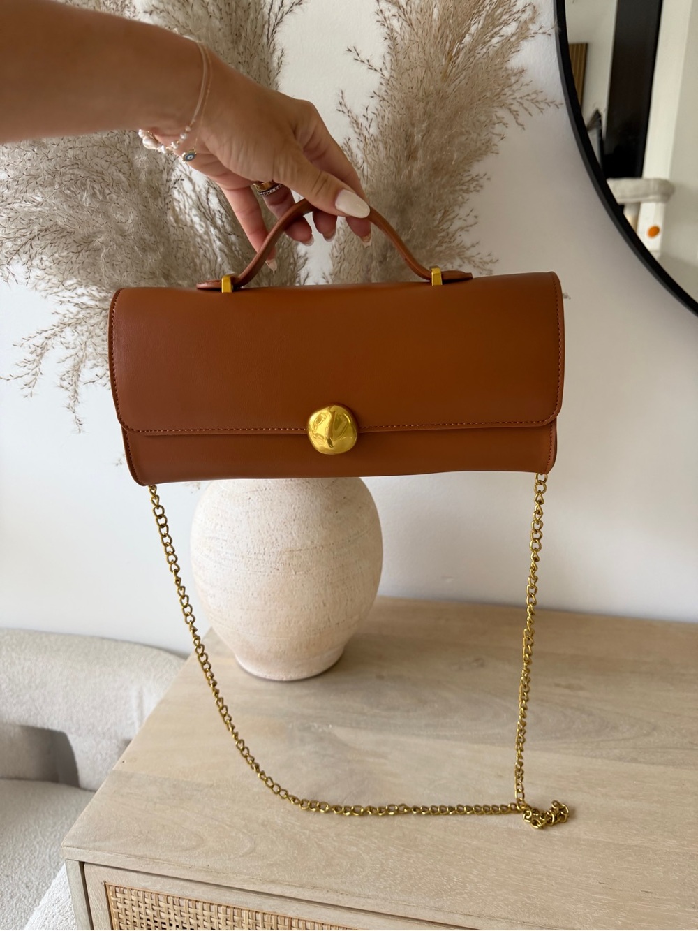 Madison West Tan Leather Mini Top-Handle Bag with Gold Chain